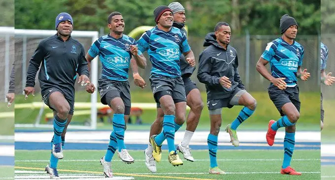 Fiji Airways Fijian 7s reps (from left-right) Jerry Tuwai, Filipo Bukayaro, Tevita Daugunu (captain), Elia Canakaivata, Viawa Naduvalo, Ioane Teba during training in Vancouver, Canada, on April 13, 2022. Photo: World Rugby