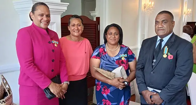 From left: Vasiti Vugakoto, Netball Fiji president RubyAnn Sorovaki, Unaisi Rokoura, Fiji Rugby’s operations manager Sale Sorovaki at the State House, Suva, on October 25, 2021. 