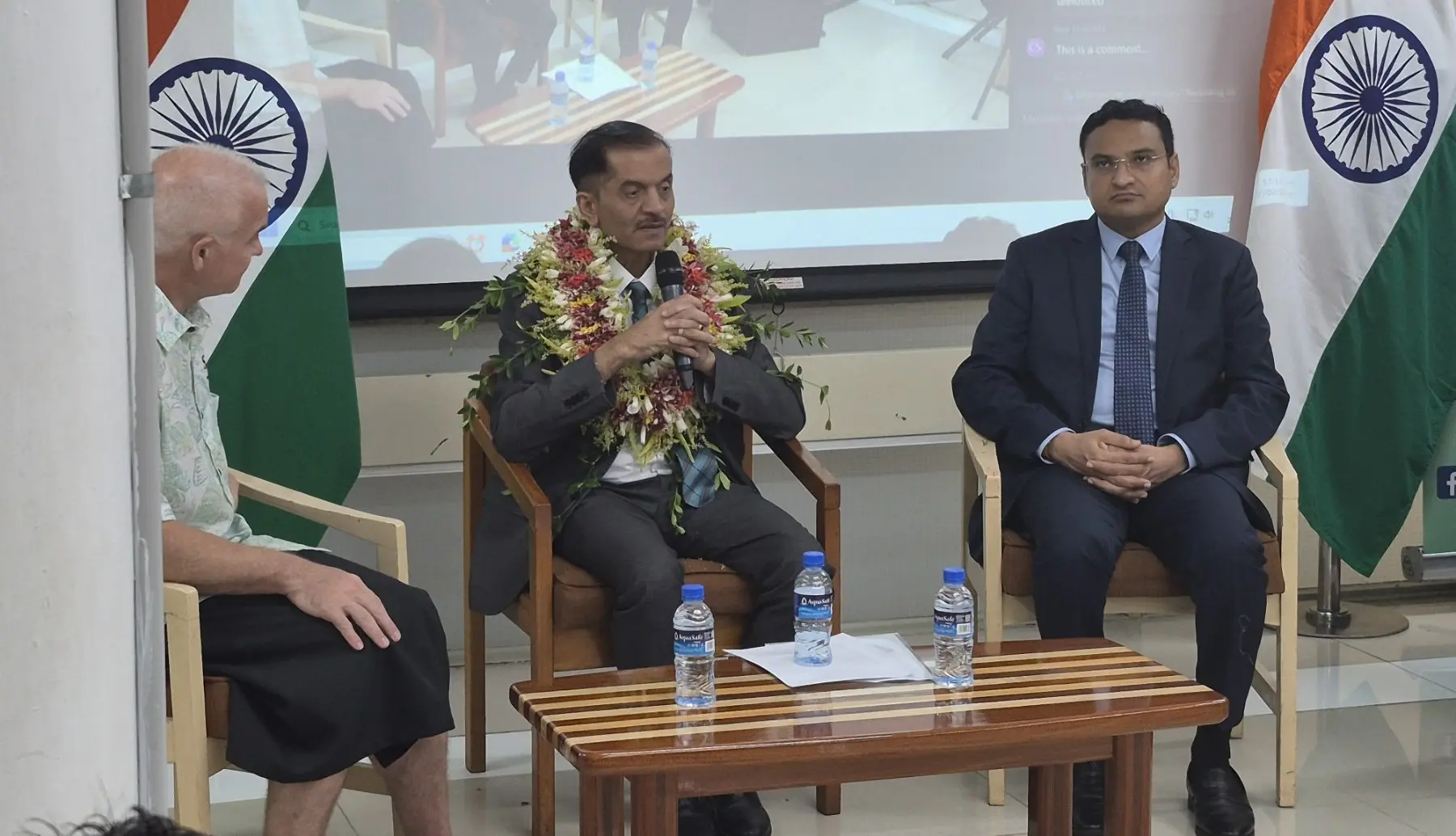 Professor Bimal Patel (middle) and the Indian High Commissioner to Fiji Shri Suneet Mehta (right) during a public lecture held at the University of the South Pacific’s Statham Campus in Suva on February 27, 2026. 