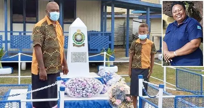 Sakaraia Talatu and son Jacob Talatu during the Police Remembrance Day at the Labasa Police Station on September 29,2021. (Inset: The late Constable Mereseini Adimaisalusalu).
