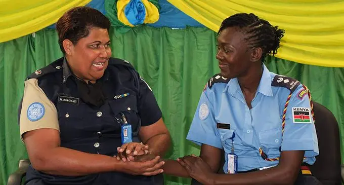 UNMISS UNPOL Gendor Advisor/Chairlady Women’s Network Ms Millicent Alambo and Mereani Vasakula Deputy Chairlady UNPOL Women’s Network at United Nation House in Juba South Sudan on August 10, 2022.