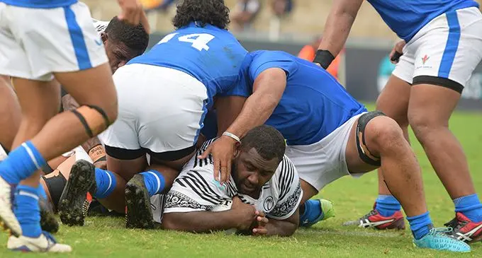  Swire Shipping Fijian Warriors prop Joseva Nasaroa scores one of his two tries from a forward rush against Manuma Samoa at the HFC Bank Stadium, Suva, on September 3, 2022. Photo: Ronald Kumar.