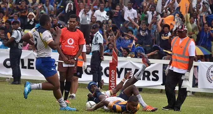 Ratu Kadavulevu School Under-18 winger Jeremaia Driu scores a try against Cuvu College in the Vodafone Super Deans Trophy semi-final at Lawaqa Park, Sigatoka on August 3, 2019. RKS play QVS in the U18 final at Lawaqa Park tomorrow. Photo: Waisea Nasokia