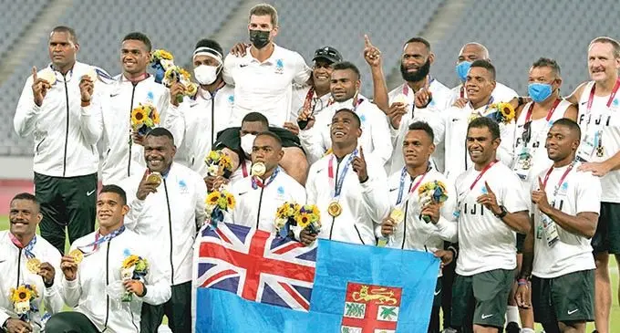 Team Fiji men’s rugby sevens team after winning the gold medal at the Tokyo 2020 Olympic Games on July 29, 2021. Photo: Planet Rugby