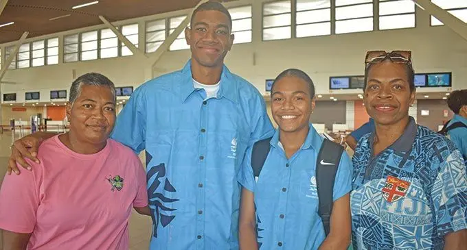 From left: Sereima Lalanavanua, athletics rep Kaiava Francis, tennis rep Josephine Debalevu at Nadi International Airport on June 12, 2022. Photo: Waisea Nasokia