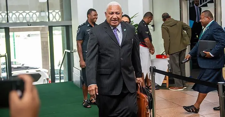 Leader of the Opposition Voreqe Bainimarama, outside Parliament on February 13, 2023. Photo: Leon Lord