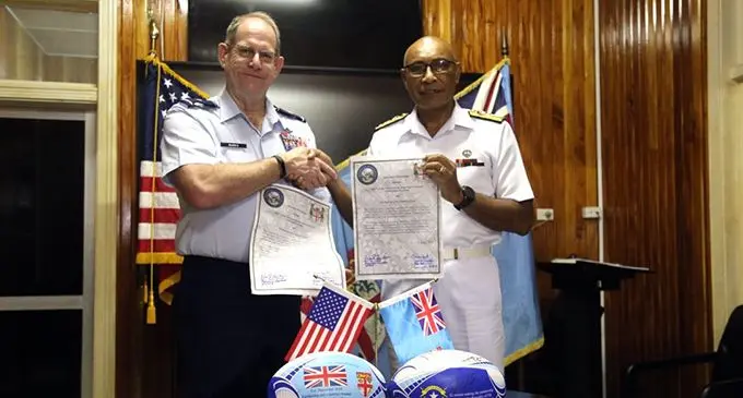 Brigadier General William R Burks, Adjutant General for the State of Nevada (left) with Rear Admiral Viliame Naupoto, Commander Republic of Fiji Military Forces.
