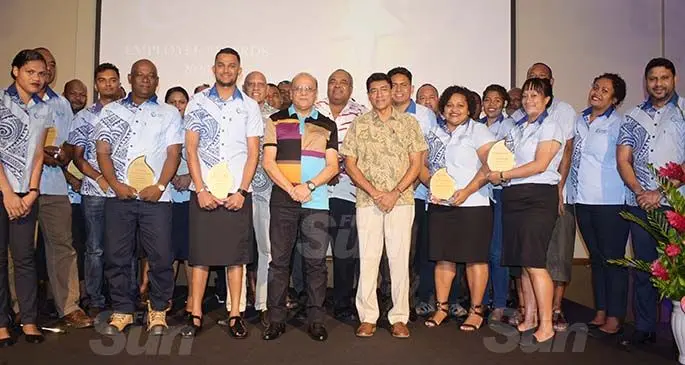 Fiji Ports Terminal Limited Employees Award winners with Chief executive officer Hasthika Dela, Chief Executive Officer for Fiji Ports Corporation Limited (FPCL) Vajira Piyasena and Board Chairman Hasmukh Patel at Grand Pacific Hotel on February 20, 2021. Photo: Ronald Kumar