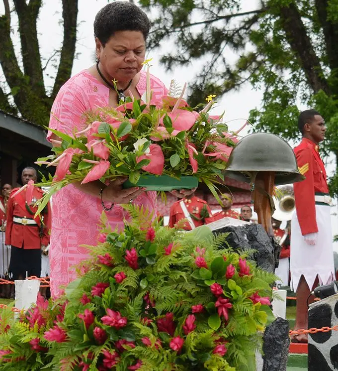  Salanieta Rawaileba laid a wreath to remember her husband Private Simione Rawaileba who died during the 2nd November, 2000 Mutiny at the Republic of Fiji Military Forces Queen Elizabeth Barracks during Remembrance Day on November 2, 2019. Photo: Ronald Kumar