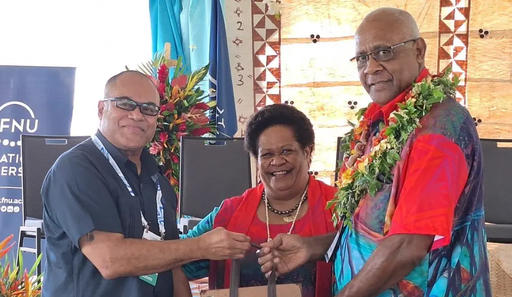 Fiji Development Bank (FDB) chief executive officer Filimone Waqabaca, Fiji National University (FNU) vice-chancellor Professor Unaisi Nabobo-Baba, and Great Council of Chiefs (GCC) chairman Ratu Viliame Seruvakula at the Pre-COP31 Investing in Natural Capital: The Pacific Opportunity event at the Hilton Fiji Beach Resort and Spa in Nadi. 