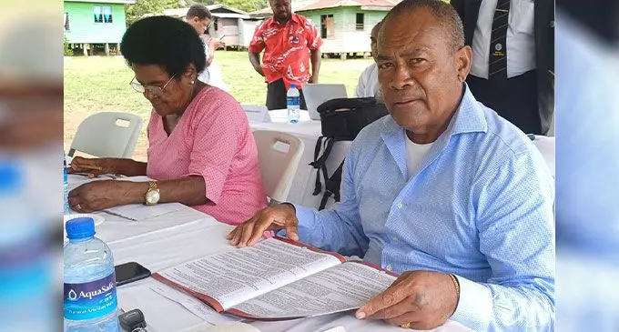 Udu district representative Sireli Leweniqila (right), during the Macuata Provincial Council meeting in Sasa Village on November 29, 2024. Photo: Shratika Naidu