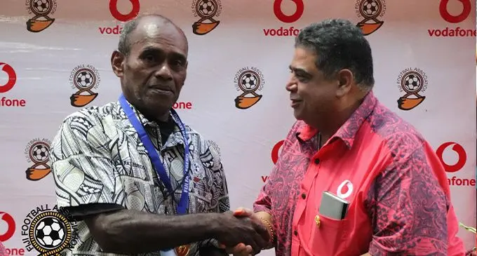 The late Kasimiro Dinono (left) and Fiji Football Association president Rajesh Patel. Photo: Fiji FA