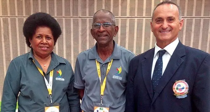 . From left: Makarita Lenoa, Vidhya Lakhan, Pacific Games Council president and Con Kassis. Photo: Karate Fiji