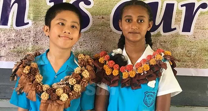 Bethel Primary School head boy Karlin Lee with the head girl Vashti Mudaliar on March 5, 2021. Photo: Renu Radhika