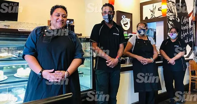 From left: Vuli Savou with her staff members Daniel Kubuilai, Ita Lau and Isabella Sosefo at the Gloria Jean’s, Damodar City outlet on October 6, 2021. Photo: Selita Rabuku.