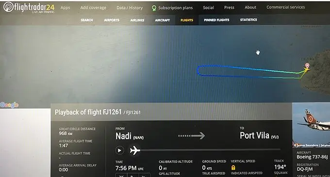 The track map of the Fiji Airways flight that had to return to Nadi after facing mechanical problems after take off.