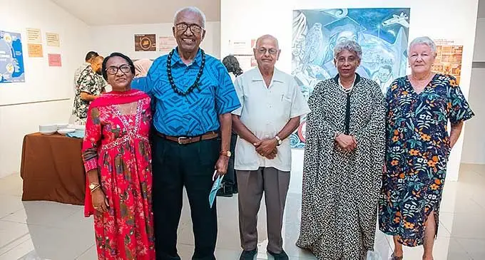 From left: Universty of Fiji Head of Language, Literature and Communications Kamla Naiker, Dean of School of Humanities and Arts Professor Dr Tupeni Baba, Council member Pundit Bhuwan Dutt, Vice-Chancellor Professor Shaishta Shameem and University Governance Council member Jane Ricketts during the launch of the School of Journalism in Samabula, Suva on January 11, 2024. Photo: Leon Lord