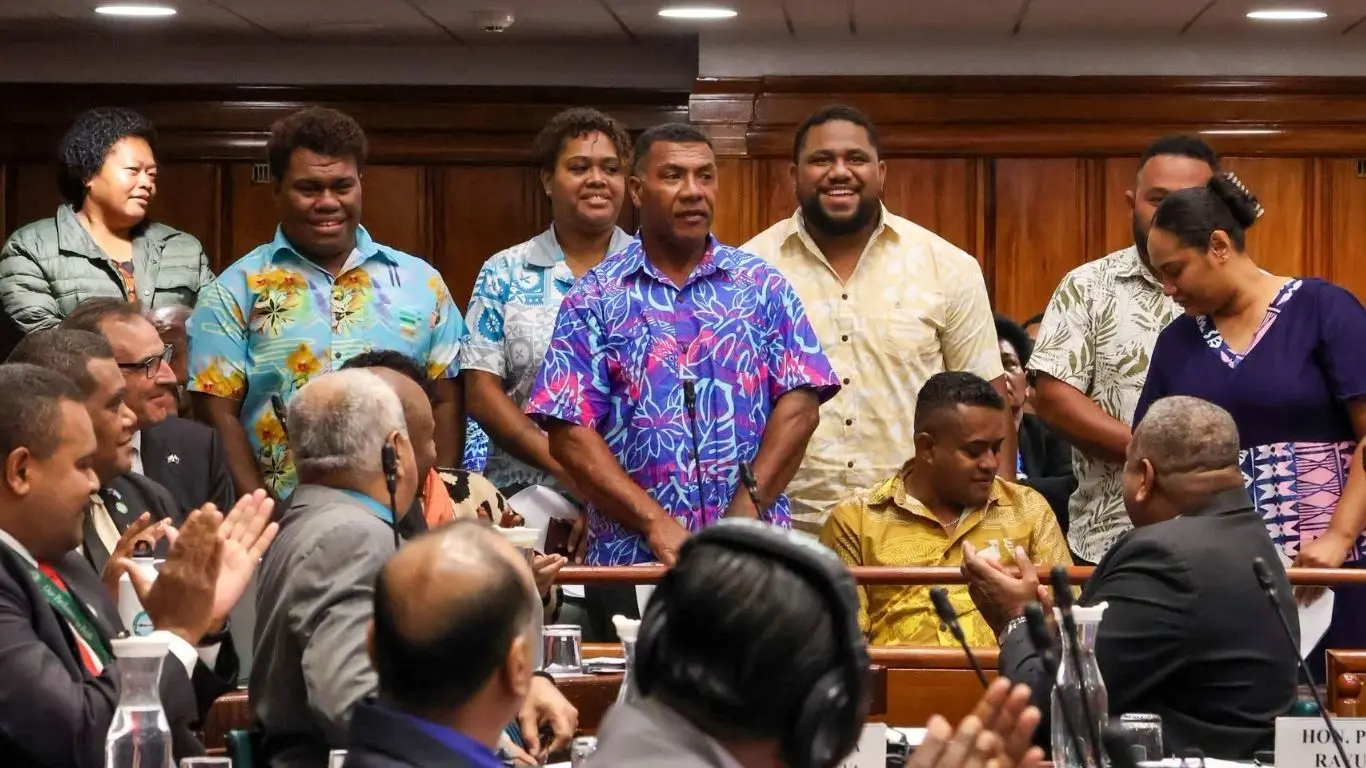 The six Lakeba medical team members rescued from open waters in Lau last month in Parliament on August 21, 2026.