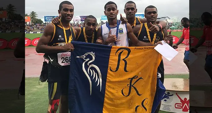 Ratu Kadavulevu School senior boys 4x400 metres relay team with their former teammate at the HFC Bank Stadium, Suva on April 29, 2023. From left: Vilikesa Roko Vonolagi, Vilimoni Batigai, Setoki Turuva (Natabua High School), Malakai Rokomua and Coke Games double gold medallist Tuili Mataika. Photo: Sereana Salalo