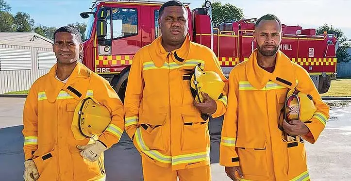 From left: Three Fijians, Amino Cava, Josateki Vunimasi, and Allan Whippy, who now serve as voluntary members of the Swan Hill, Victoria Country Fire Authority (CFA).