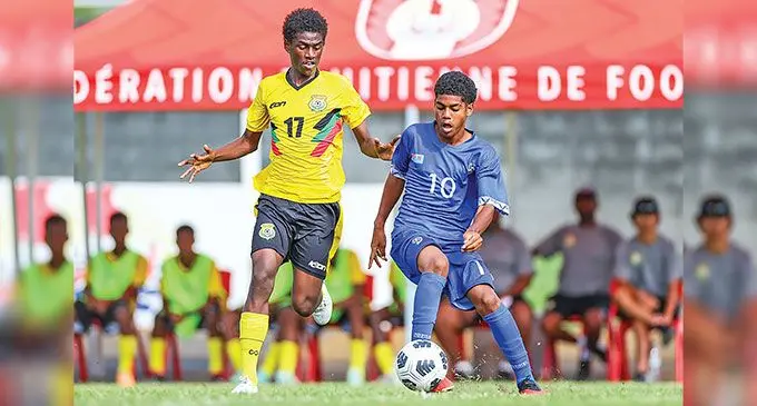 Fiji Under-16 captain Veleni Rasorewa shields the ball away from a Vanuatu defender in their Group A decider match of the OFC U16 Championship in Papeete, Tahiti, on August 4, 2024. Rasorewa scored the winning goal as they qualify for the semifinal. Photo: OFC Media