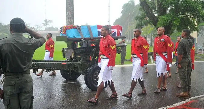 Sergeant Sakiusa Badolo’s coffin marched out of the Republic of Fiji Military Forces (RFMF) for the last time at Queen Elizabeth’s camp at Nabua, Suva on Thursday.   Photo: RFMF Media Cell
