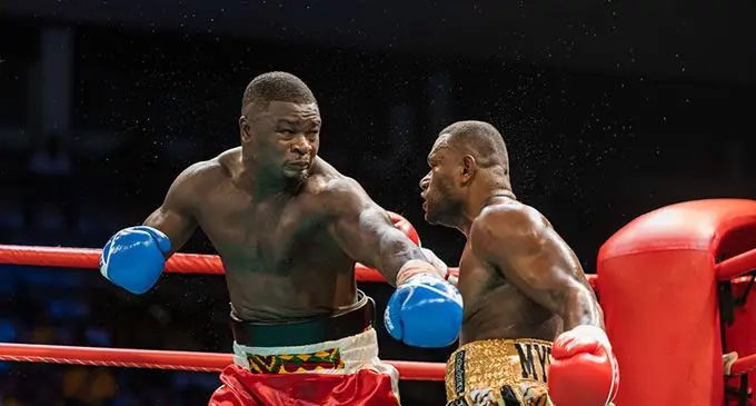 Joseph Kwadjo (left) stands toe-to-toe with Isikeli Senidoko at the FMF Gymnasium in Suva. Kwadjo recorded knocked wins over Senidoko in their two fights. Photo: Supplied  