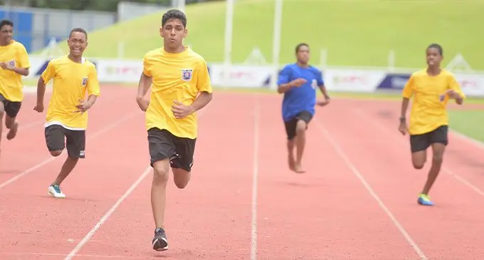 Kevin Deo (third from left) wins the sub junior boys 200 metres final during the Mahatma Gandhi Memorial School inter-house competition at the HFC Bank Stadium, Suva, on March 3, 2023, Photo: Ronald Kumar