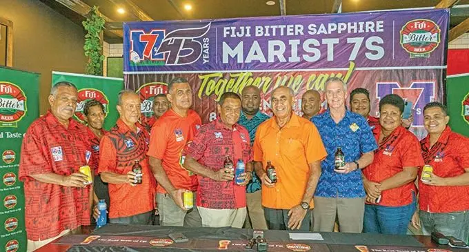 Fiji Bitter Marist 7s tournament coordinator Koli Korovulavula (third from left), Marist Rugby Club president Lawrence Tikaram, Paradise Beverages general manager sales and corporate affairs, Joe Rodan (Snr), Paradise Beverages general manager, Mike Spencer during the official launch at the Paradise Beverages boardroom in Walu Bay, Suva, on January 20, 2021. Photo: Leon Lord