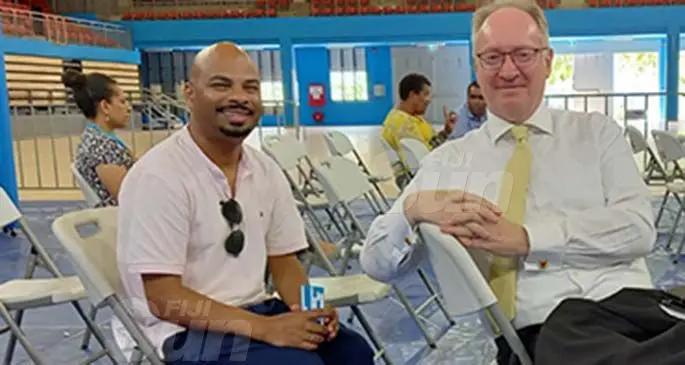 From left: Fiji Human Rights and Anti-Discrimination Commission director, Ashwin Raj and the Director of Public Prosecutions Christopher Pryde during the COVID-19 vaccination drive at the Vodafone Arena in Suva on April 13, 2021.