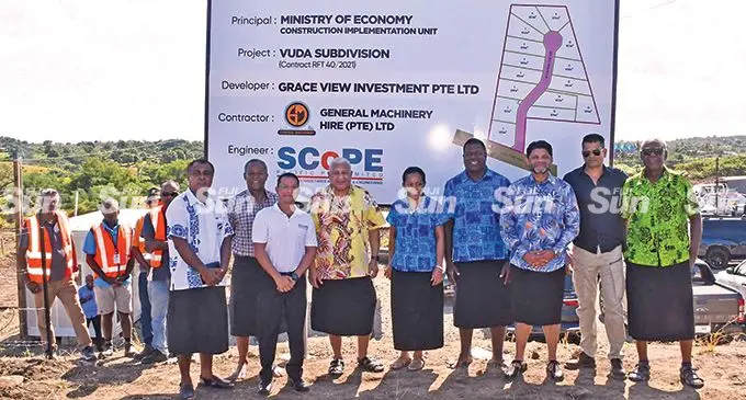 Commissioner Western Mesake Ledua (left), Prime Minister Voreqe Bainimarama (fourth from left), landowning unit couple Makelesi Dibau Davelevu (fifth from left), and Josefa Uluivuda (sixth from left), Attorney-General Aiyaz Sayed-Khaiyum (seventh from left), with stakeholders and guests during the groundbreaking ceremony of the Vuda Subdivision on May 18, 2022. Photo: DEPTFO News