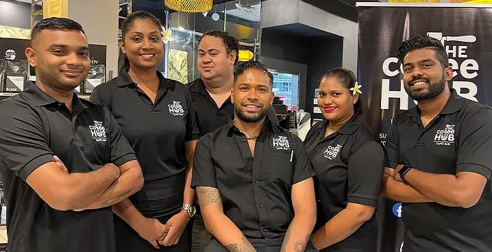 From left: Head chef Lucas Neville, Nadi manager Noreen Naidu, general manager Marika Loosley, The Coffee Hub founder Shakil ‘Zoro’ Bhamji, head pastry chef Vekashni Naicker and human resources manager Shah Khan.