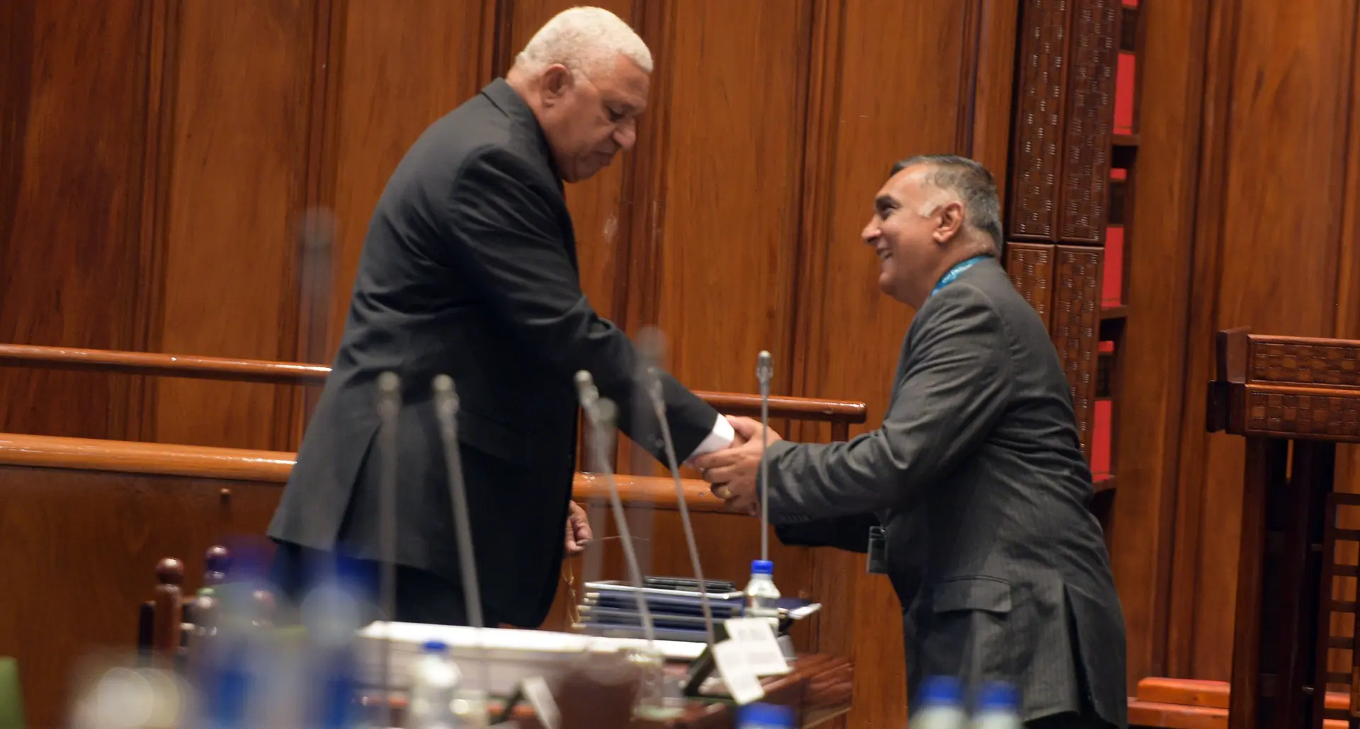 Prime Minister Voreqe Bainimarama with Government MP, Viren Lal in Parliament on December 11, 2020. Photo: Ronald Kumar.