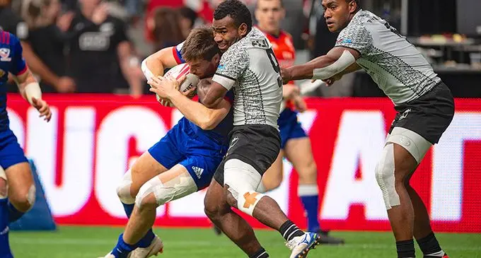 Fiji Airways Fijian 7s reps Seremaia Tuwai and Mesulame Kunavula in action against USA at the Canada 7s in Vancouver on March 11, 2019. Photo: Ian Muir