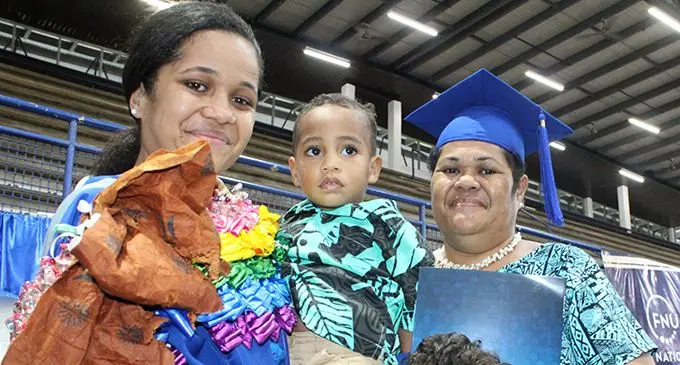 From left Graduate Senimili Qolisese carrying nephew Benjamiin Qolisese,proud mum Senikuba Qolisese with niece Grace Qolisese after the graduation at the  FMF Gymnasium Suva on May 2,2019.  Photo: Simione Haravanua