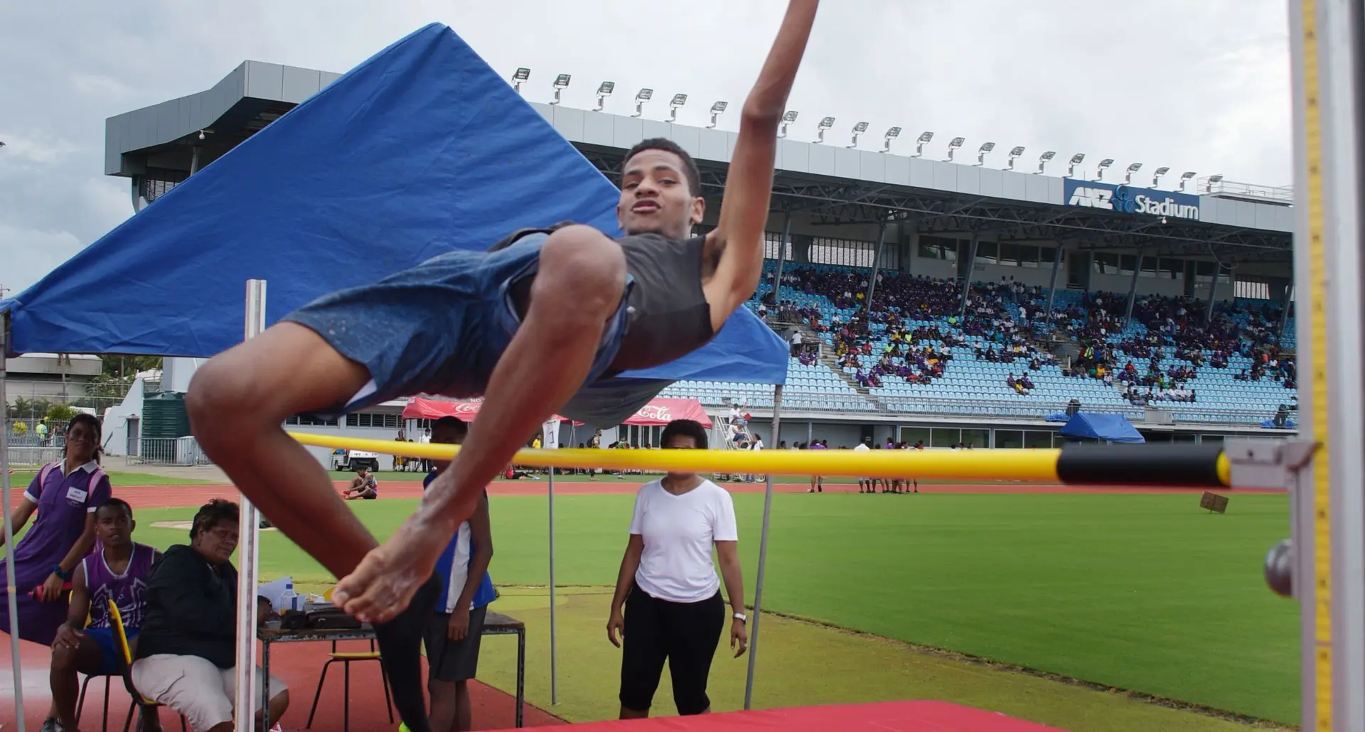 Solomoni Colavoli during inter-boys Dudley High School high  jump final at ANZ Stadium on February 12, 2021.Photo: Ronald Kumar.