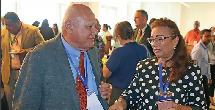 Minister for Tourism Viliame Gavoka with Fiji Hotel and Tourism Association chief executive officer, Fantasha Lockington, on day one of the National Economic Summit 2023, at Grand Pacific Hotel, Suva. Photo: Josefa Babitu