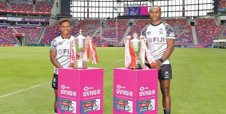 From left: Fiji women’s sevens captain Ilisapeci Delaiwau and Fiji men’s sevens captain Jeremaia Matana at the new Kai Tak Sports Park in Hong Kong on March 26, 2025. Photo: World Rugby