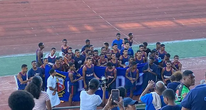 Members of the winning Claudius House at the end of the Marist Brothers High School inter house competition at the HFC Bank Stadium on March 11, 2023. Photo: Karalaini Waqanidrola