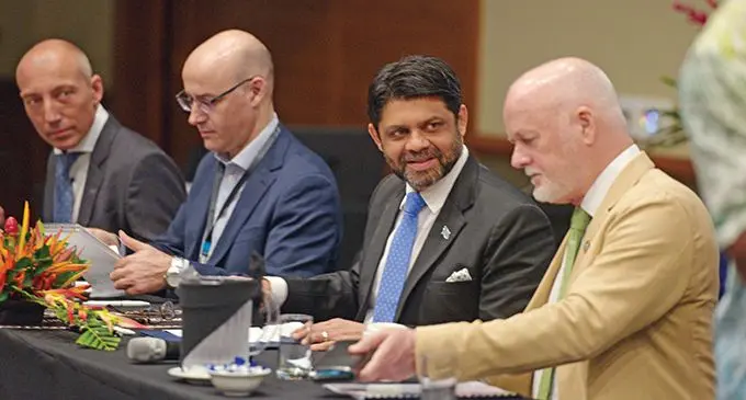 From left-Jacob Hagberg, Ministry of Enviroment and Energy of Sweden, Julio Cordano UNFCCC negotions co-ordinator Ministry of Foreign Affairs Chile, Attorney-General Aiyaz Sayed-Khaiyum and  Special Envoy of the UN Secretary General for the Ocean, Peter Thomson, during the Climate and Ocean Negotiators’ Symposium preparation for the Blue COP 25 at the Grand Pacific Hotel in Suva on May 8, 2019. Photo: Ronald Kumar