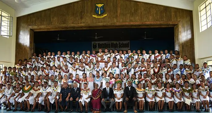 The Permanent Secretary for Education, Heritage and Arts Anjeela Jokhan(sitting/middle), with other guests and prefects of Natabua High School after the induction on March 5, 2021. Photo: Natabua High School