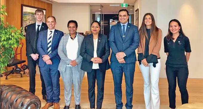 From left: Fiji Trade Commission Australia & New Zealand Business Advisor Daniel Corbett, Fiji Trade Commission of New Zealand manager Peter Rudd, Fiji High Commission in New Zealand First Secretary Maraia Vakasilimiratu, Minister for Industry, Trade, Tourism, Local Government, Housing and Community Development Premila Kumar, Fiji Consul General and Trade Commissioner to New Zealand Zarak Khan, Marketing & Communications Camila Eiras, and Intern Caroline Bentley. Photo: Ministry of Industry, Trade and Tourism