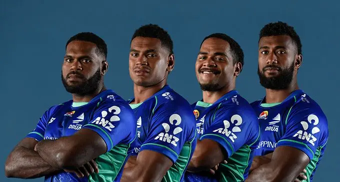 Swire Shipping Fijian Drua players (left-right) Chris Minimbi, Kitione Salawa Jnr, Meli Tuni. Photo: Fijian Drua
