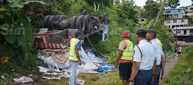 A ten wheeler truck veered of the road and tumbled as the driver lost control of the truck at Nauluvatu settlement along Reservoir Road, Suva on October 7, 2020.Photo: Ronald Kumar.