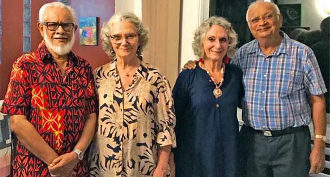 From left: Late Caines Jannif Ltd chief executive officer and Pacific Fishing Company Pte Limited (PAFCO) chairman Ikbal Jannif, Kelsey Jannif, twin sister Stephanie, Bernard Chandra, 50 years after the Jannifs married and Stephanie was the bridesmaid and Bernard, the bestman.