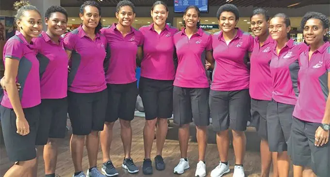 Fijian Pearls team before departure at Nadi International Airport. From left; Unaisi Rauluni, Alisi Galo,Matila Waqawai, Episake Kahatoka, Lydia Panapasa, Kelera Nawai,Laisani Waqa, Ema Mualuvu, Aliti Toribau, Asilika Sevutia. Photo: Netball Fiji