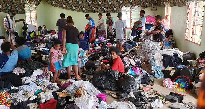 Yaroi villagers on Matuku Island after the arrival of relief items onboard the MV Spirit of Love on April 15, 2020. The National Disaster Management Office team has also started detailed damage assessment work on the island. Photo: National Disaster Management Office