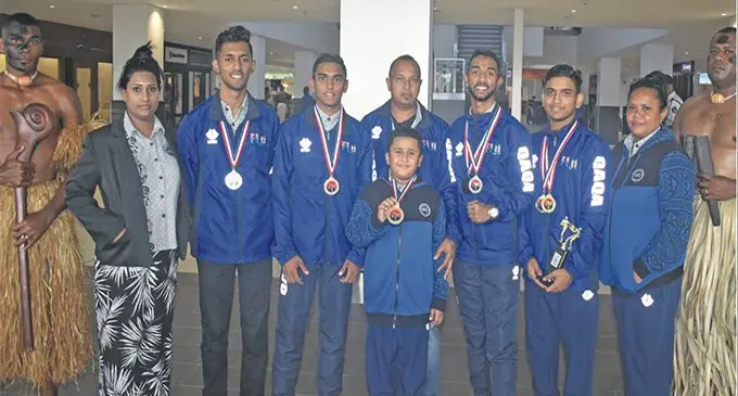 Vodafone Fiji Taekwondo team with their spoils at the Nadi International Airport on March 27, 2019. Photo: Waisea Nasokia