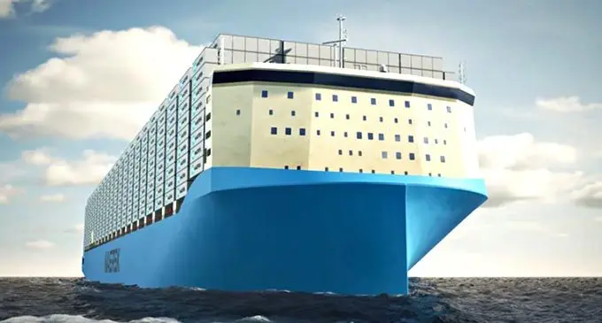 An artrist’s impression of one of Maersk’s new 16,000 TEU container carbon-neutral methanol vessels.