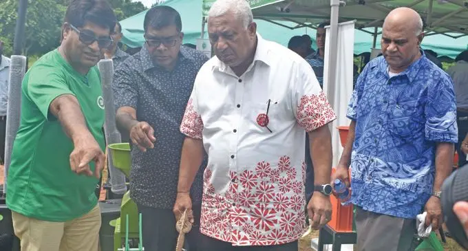 Prime Minister Voreqe Bainimarama at the commissioning of the communal rice farming scheme at Bavu Village, Nadroga on April 1, 2021. Photos: Waisea Nasokia
